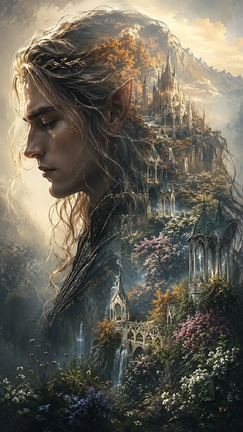 Ritratto di elfo pensieroso fuso con una luminosa città fantasy