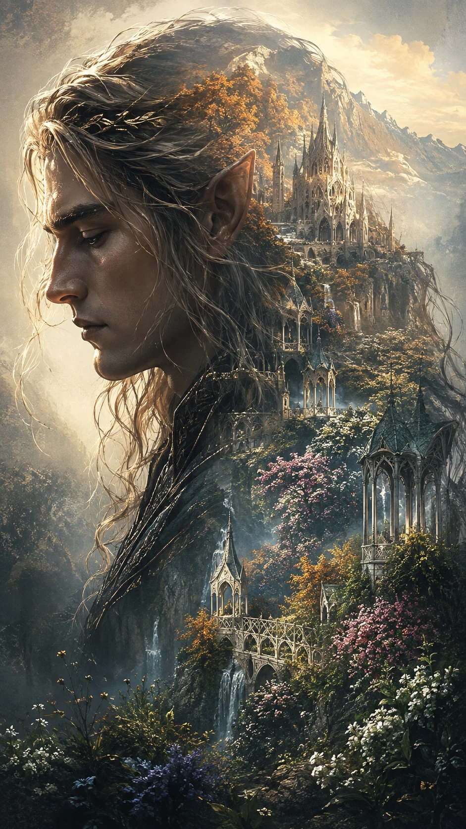 Ritratto di elfo pensieroso fuso con una luminosa città fantasy