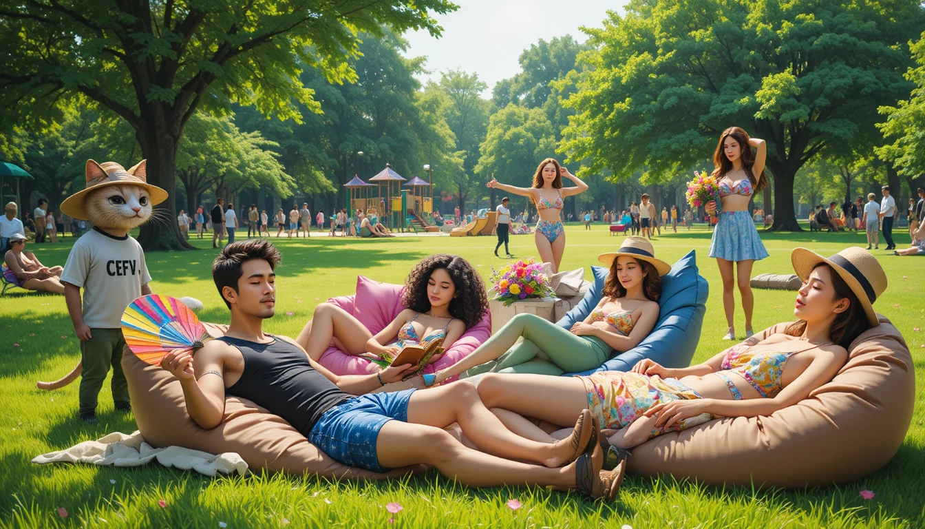 Friends resting on beanbag chairs in a sunny park