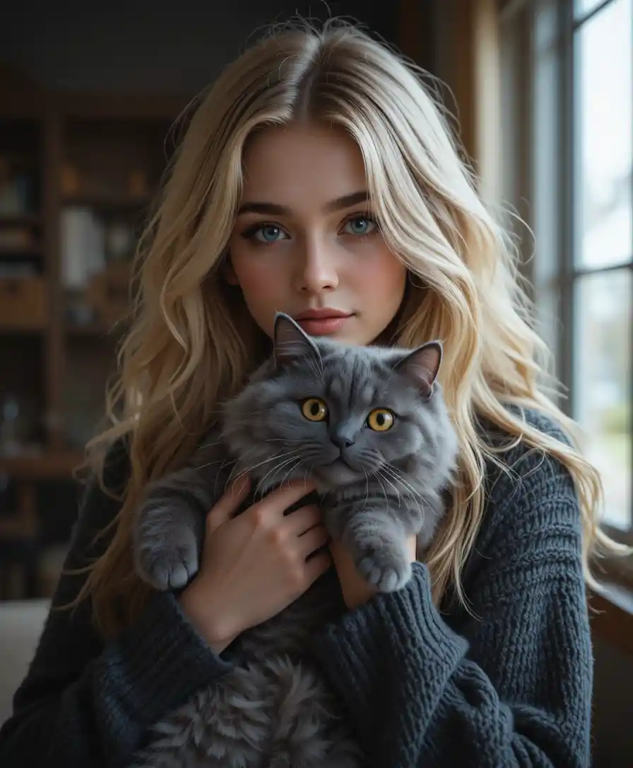 Joven mujer con gato en un acogedor retrato en interiores
