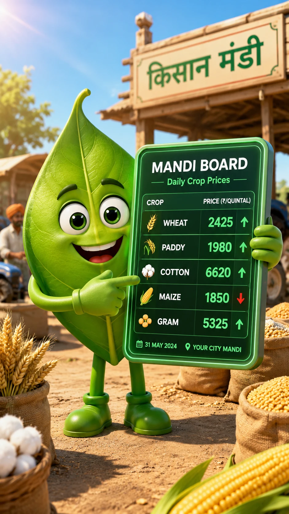 Mascota de hoja verde sonriente con tablero digital de precios de cultivos