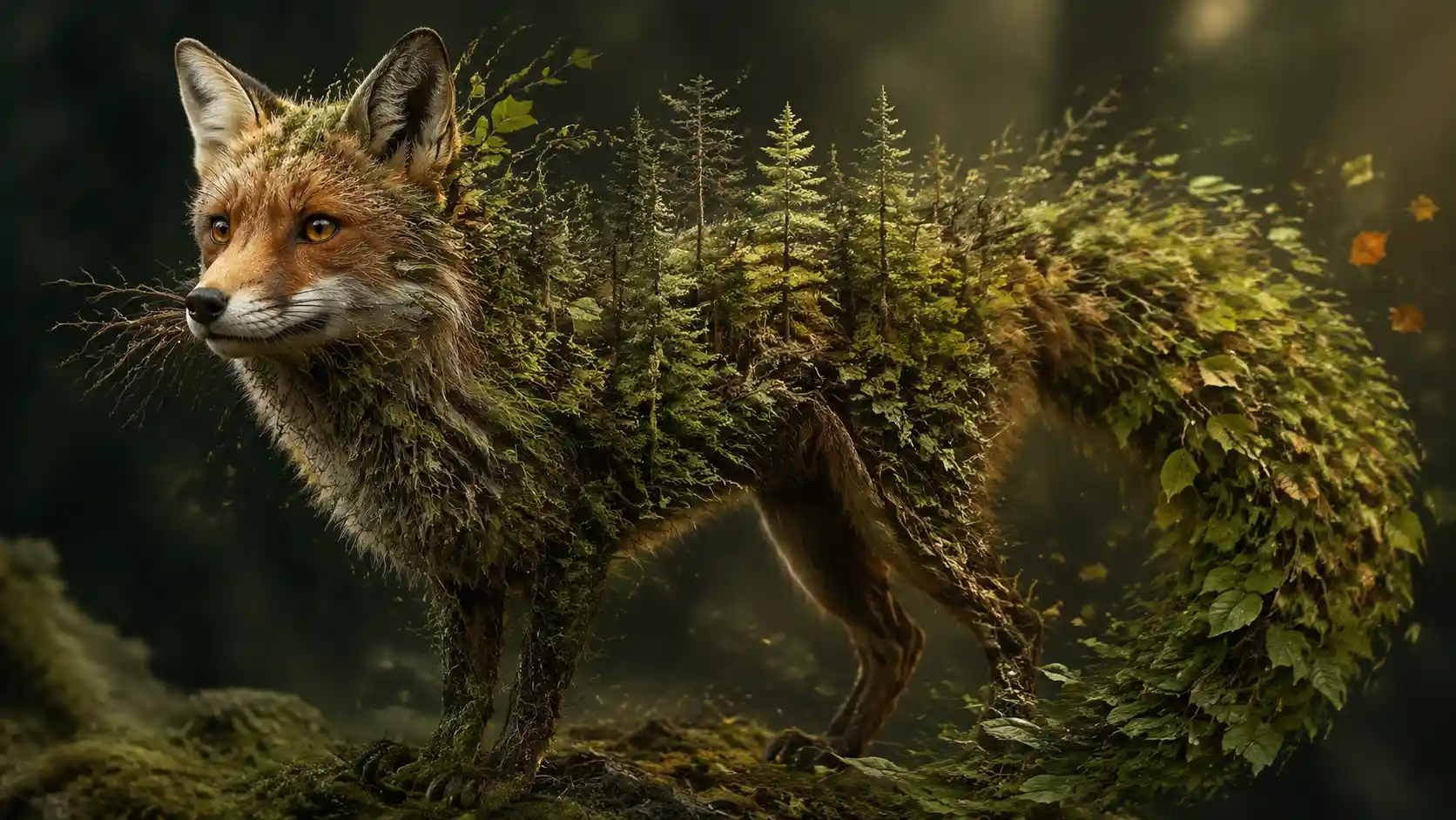 Zorro surreal que se transforma sin fisuras en un bosque vivo