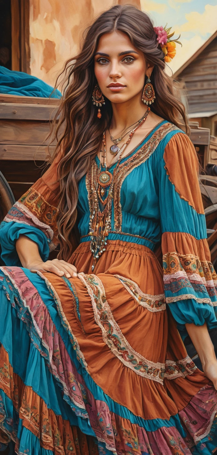 Mujer bohemia junto a una carreta colorida en tonos cálidos
