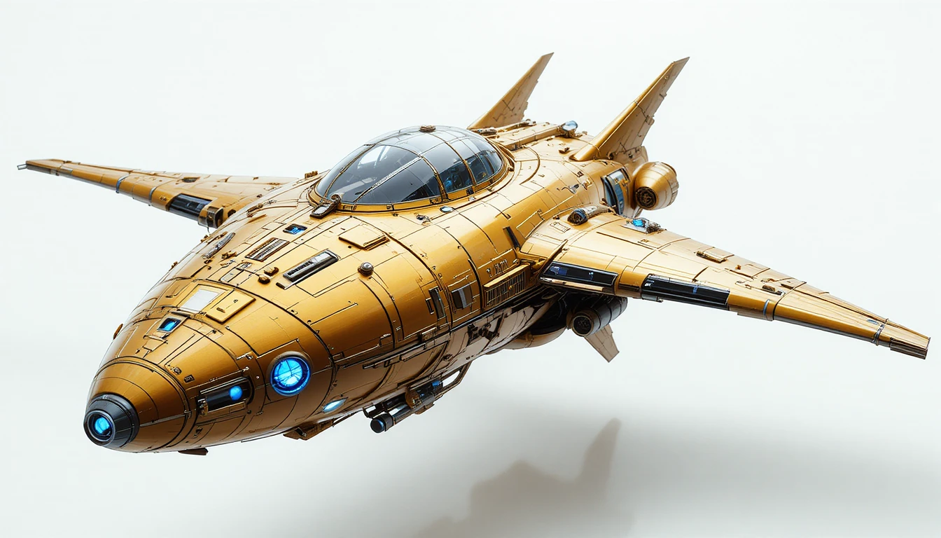 Nave espacial sci‑fi dorada con luces frontales azules brillantes