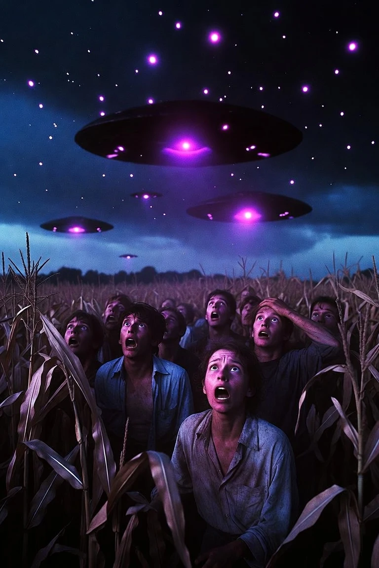 Abducción alienígena sobre inquietantes luces violetas en un campo de maíz