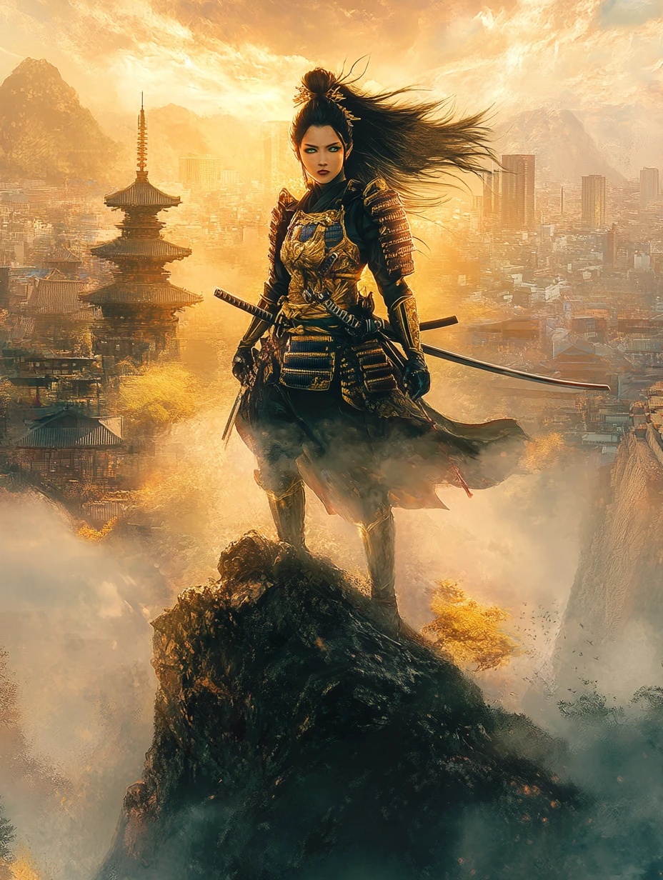 Samurai-Kriegerin auf nebligem Berggipfel bei leuchtendem Sonnenuntergang