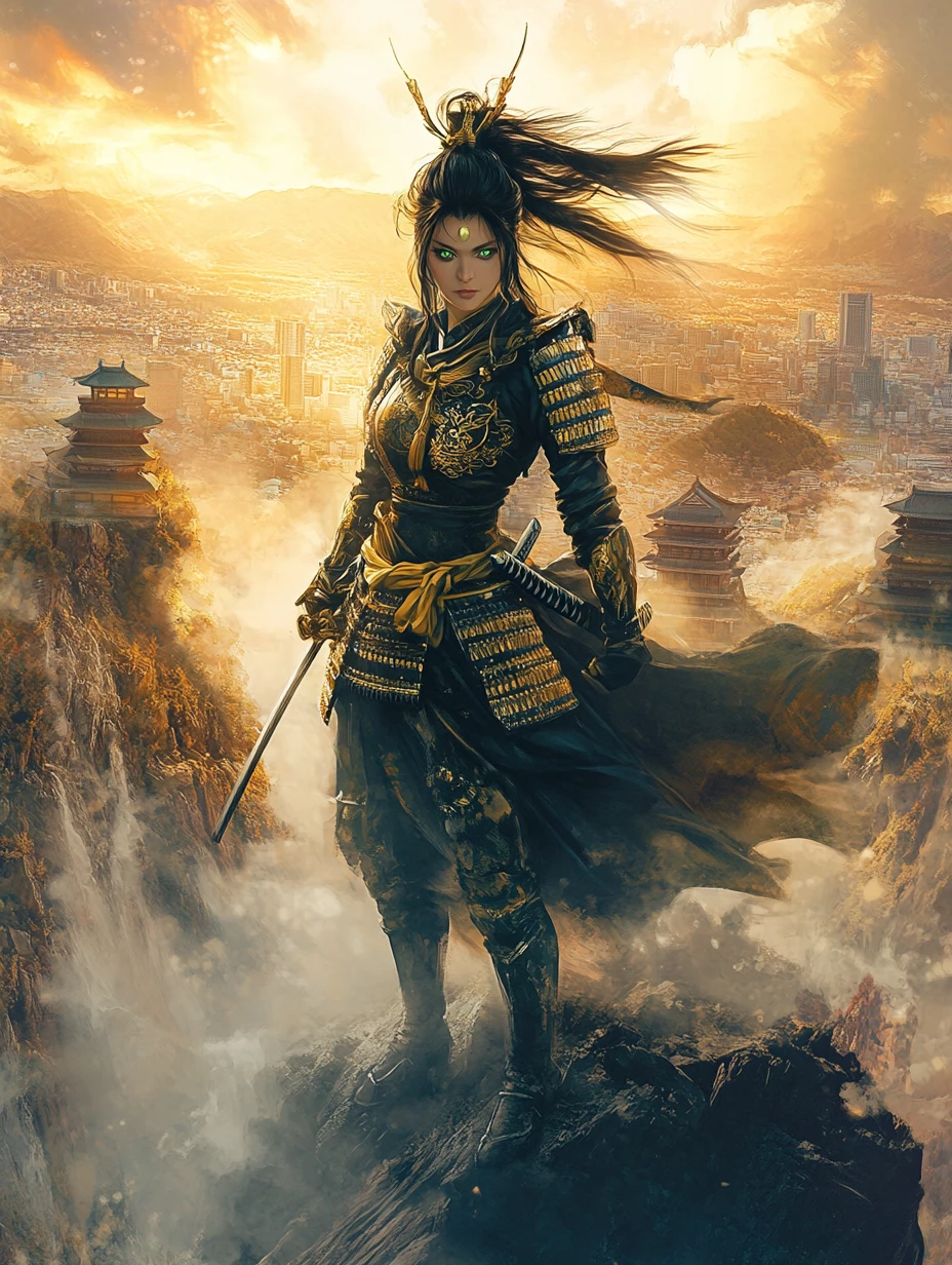 Samurai woman on misty mountain at blazing sunset