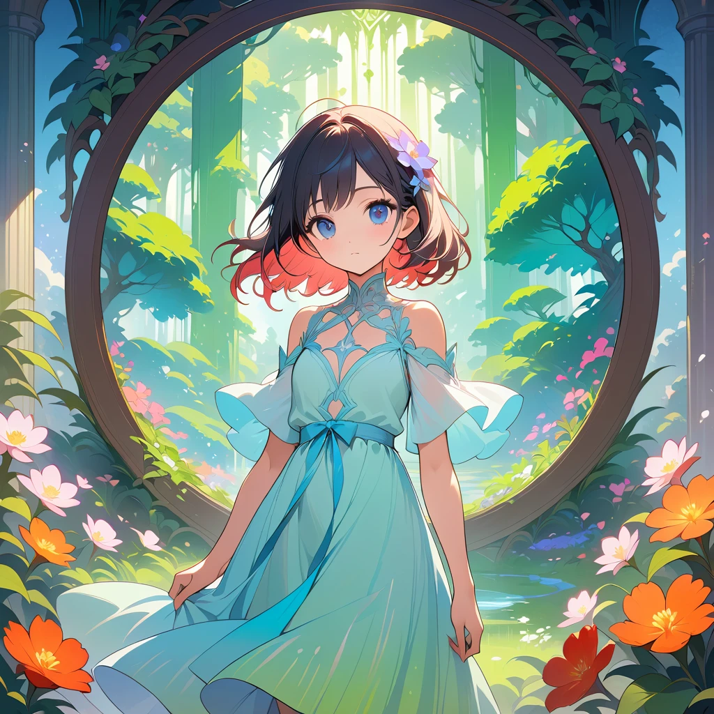 青々とした草花に包まれた静かな花園の少女