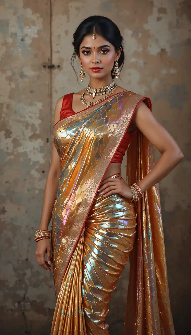 Indian woman in glossy mirror saree bending forward pose