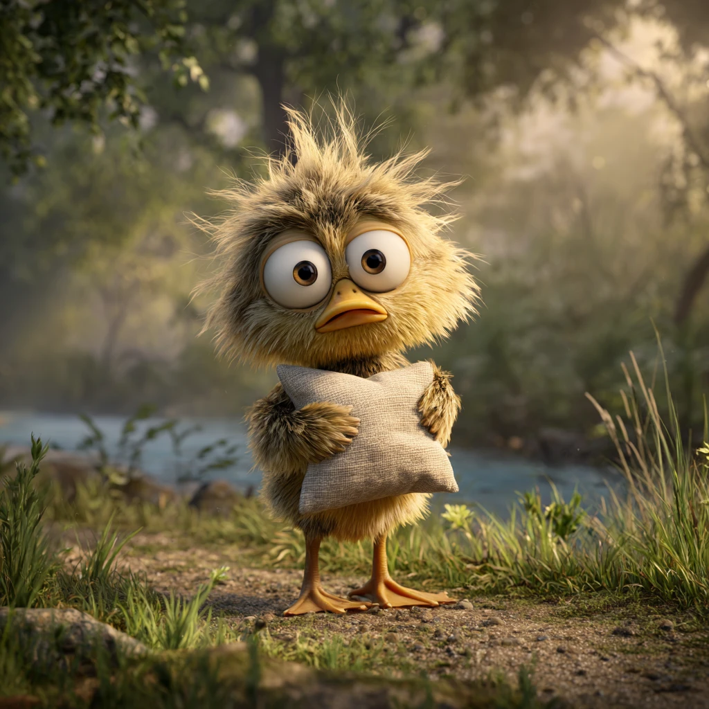Cute 3D duckling hugging a pillow in forest sunlight