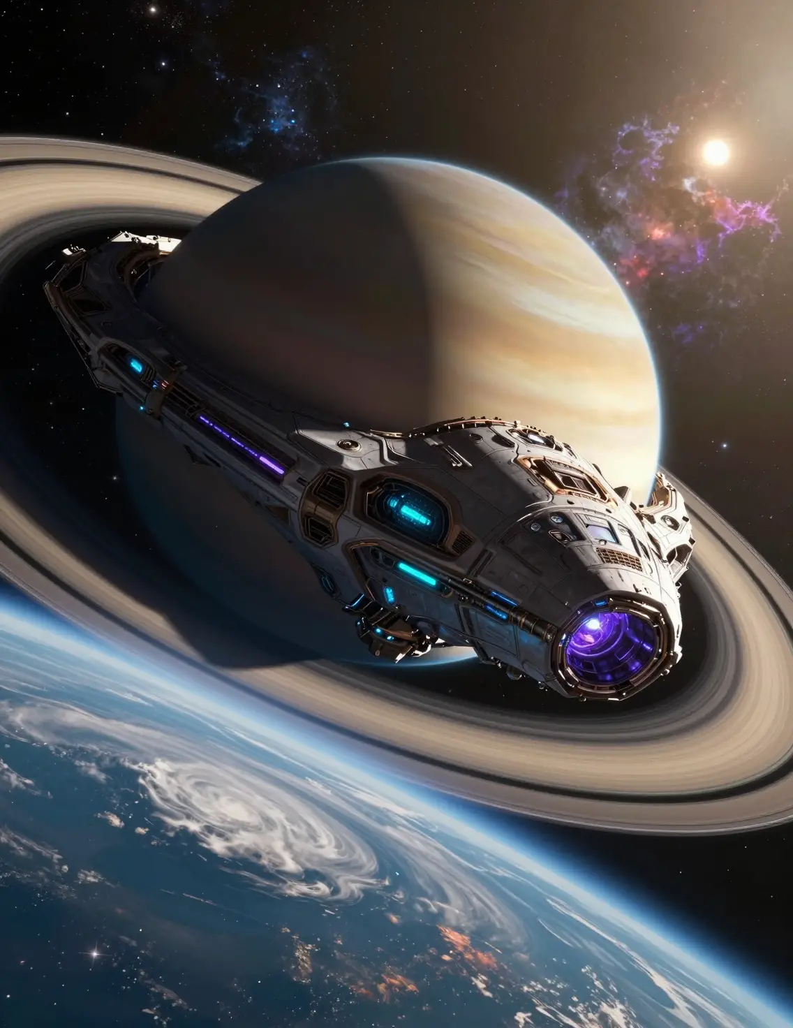環のあるガス巨大惑星を周回する超巨大エイリアン宇宙船