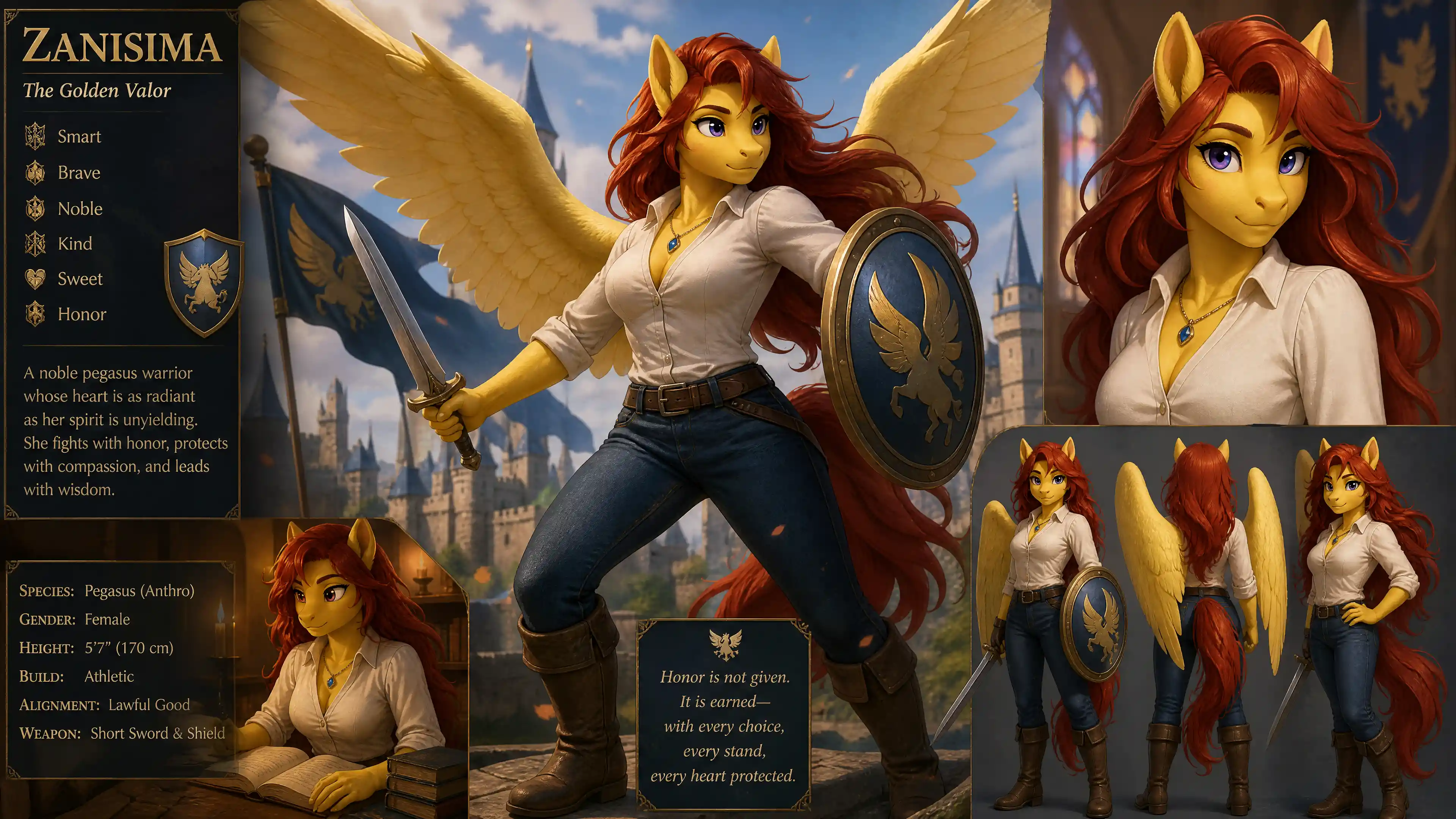 Guerrera alada de pelaje amarillo con espada y escudo