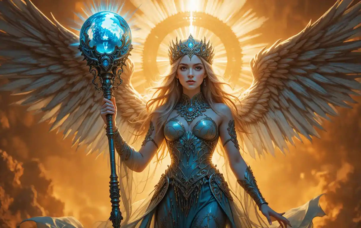 Reina de fantasía radiante con corona y cetro azules