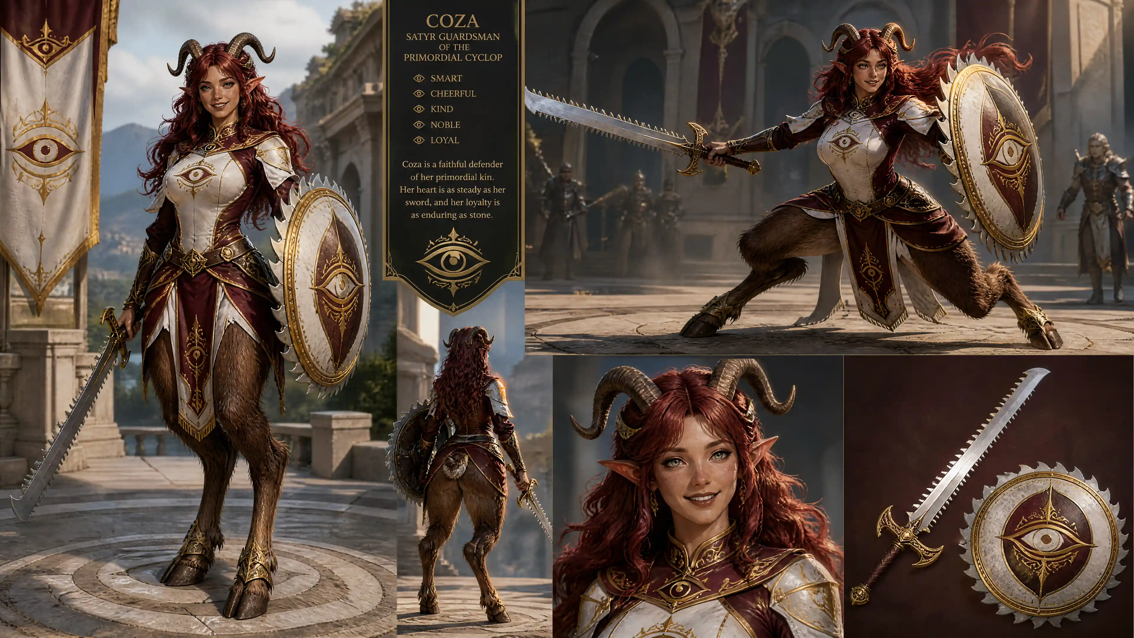 Guarda sátiro feminina alegre em armadura real de fantasia