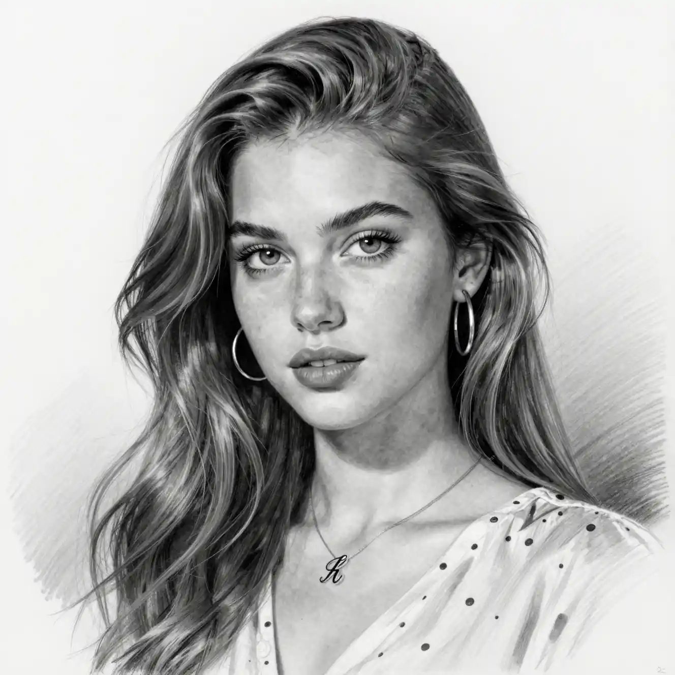 Graphite portrait of a young woman with wavy hair