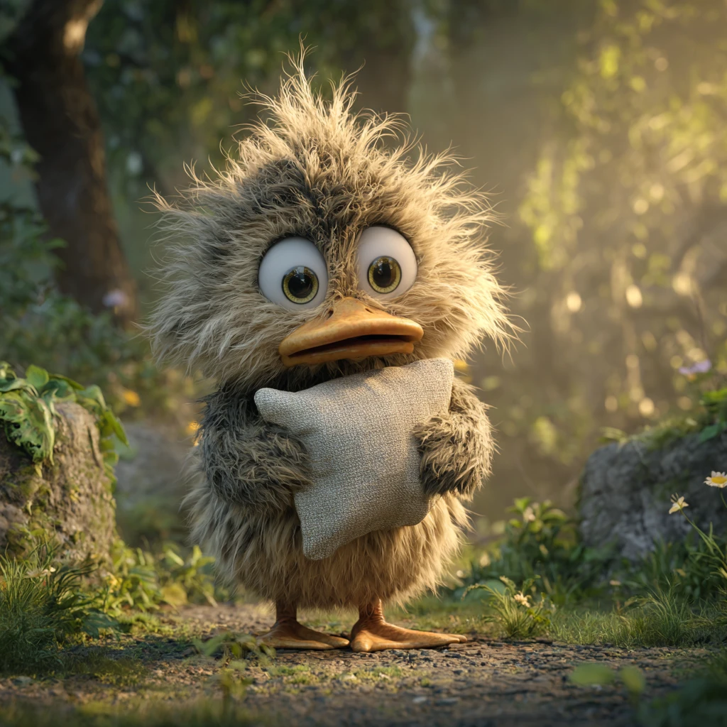 Cute 3D duckling hugging a pillow in a forest