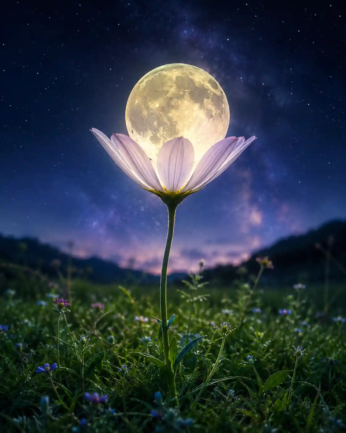 Fiore Luminoso in un Prato al Chiaro di Luna sotto il Cielo Notturno