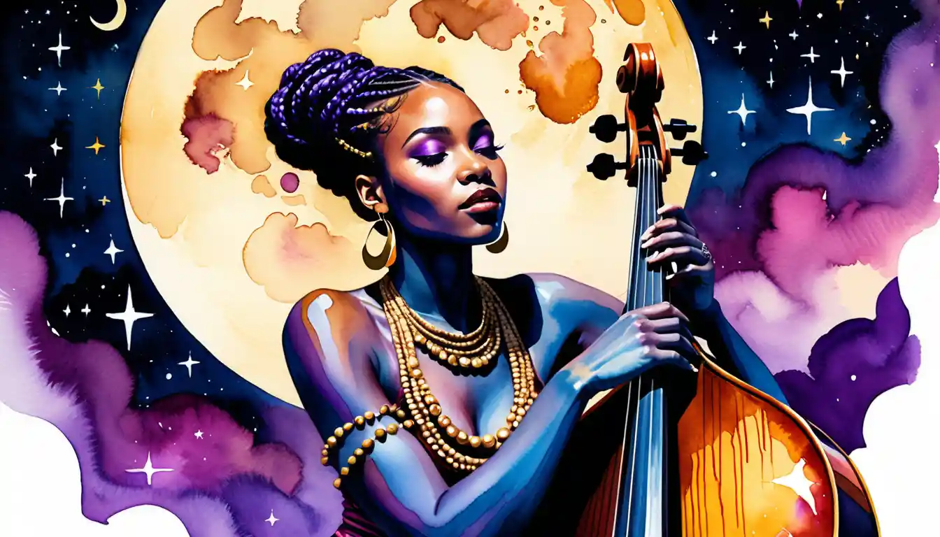 Mujer negra tocando contrabajo bajo una luna morada