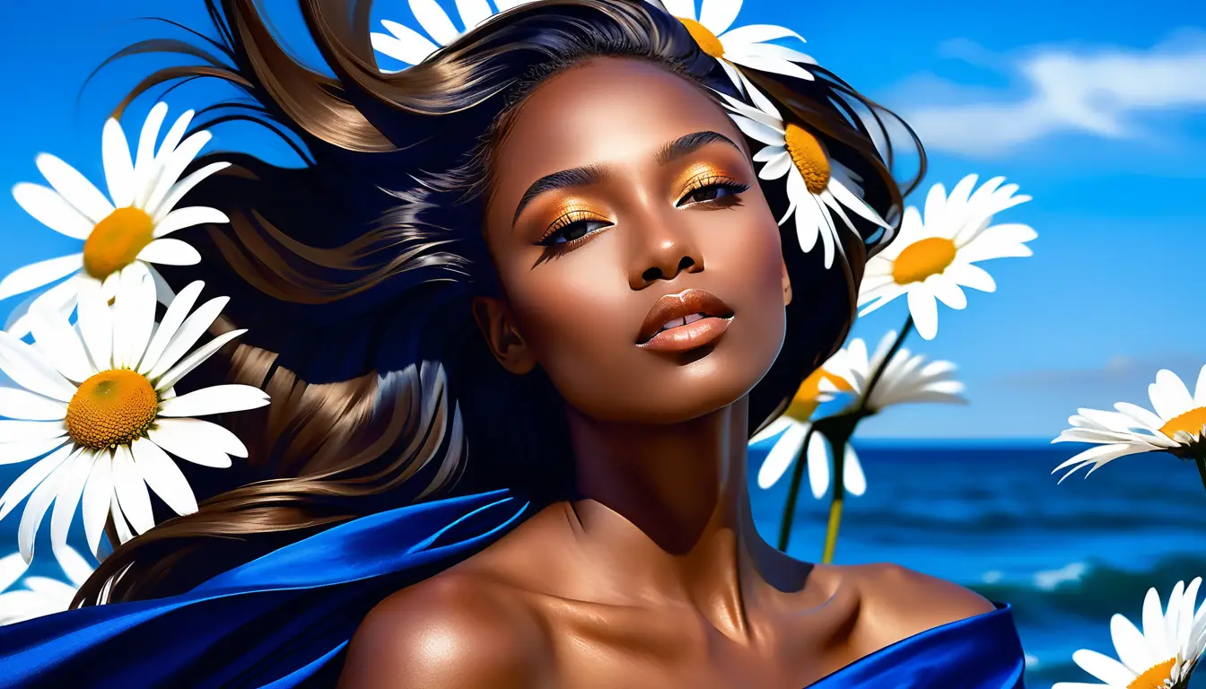 Femme afro-américaine en soie bleue fluide avec des marguerites