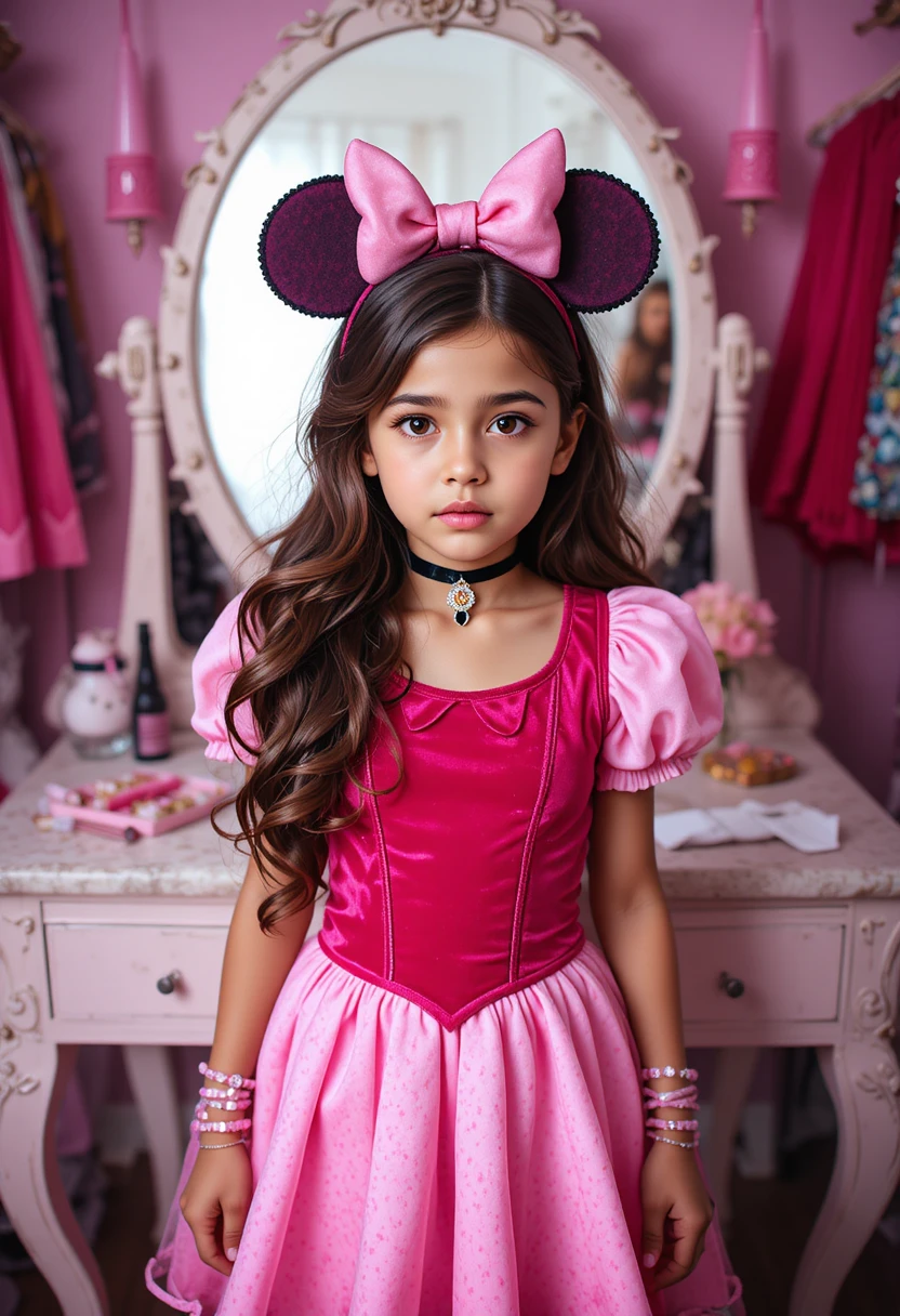 Preadolescente con disfraz de princesa posando junto a un tocador