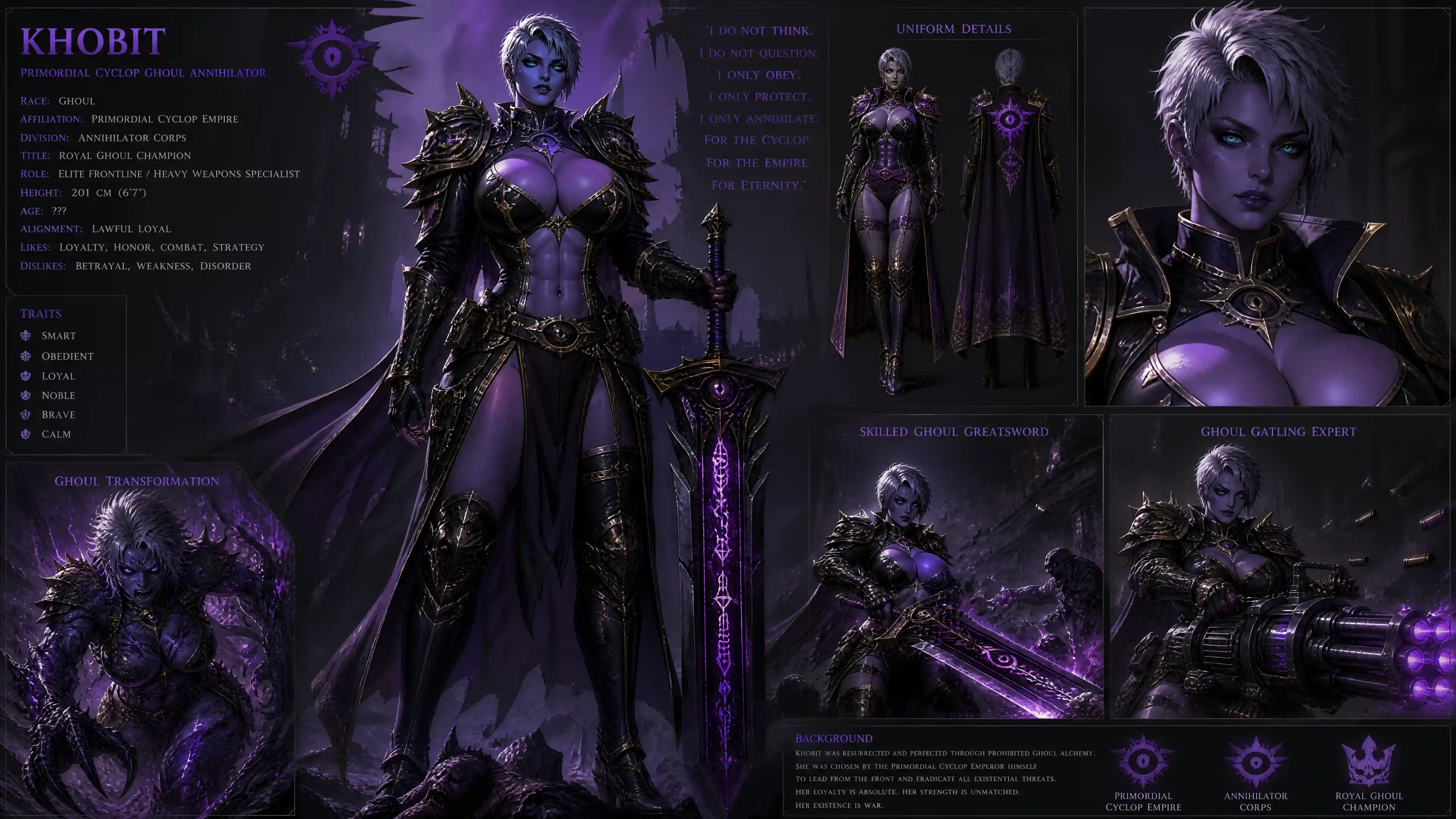 Guerrera ghoul morada con armadura real de batalla