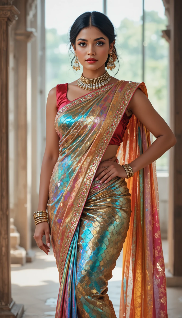 Mujer india seductora con sari brillante en pose de moda de cuerpo entero