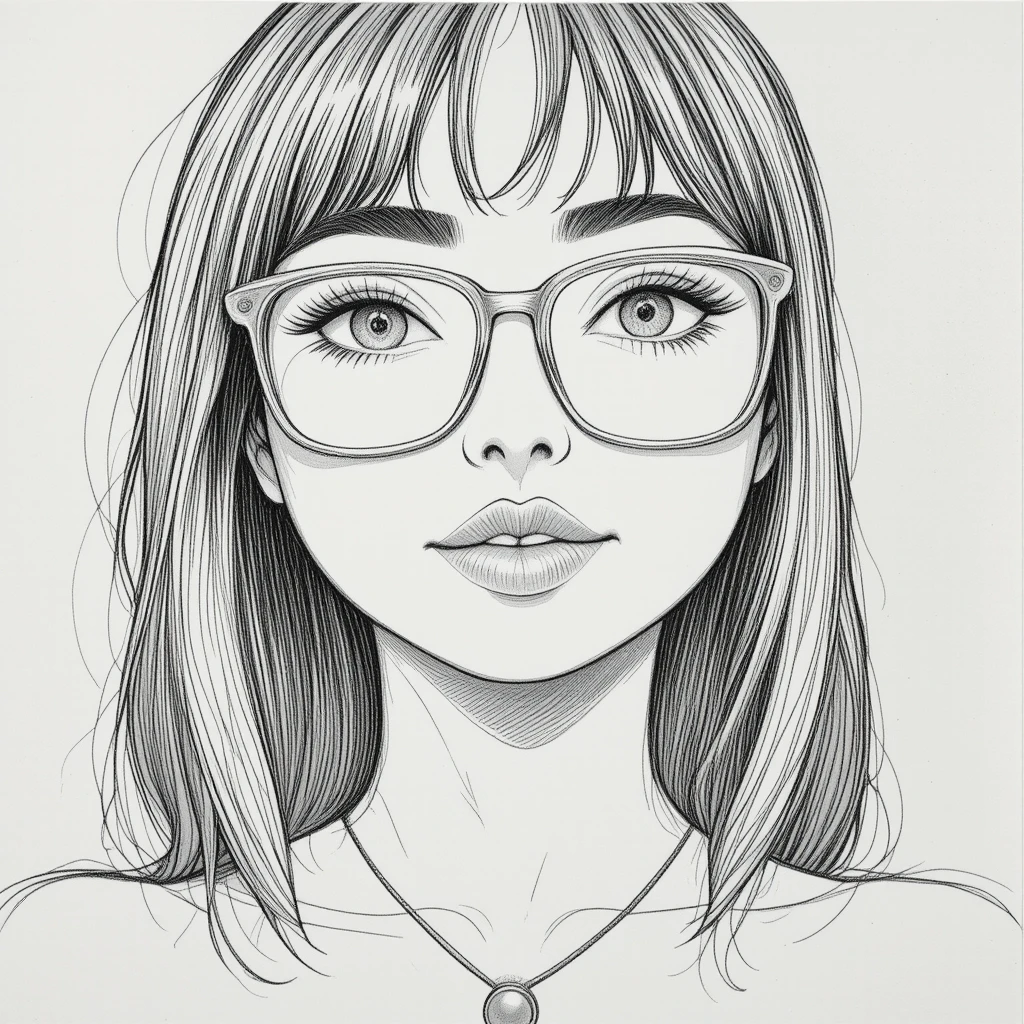 Retrato en boceto a lápiz de una chica con gafas y el pelo largo