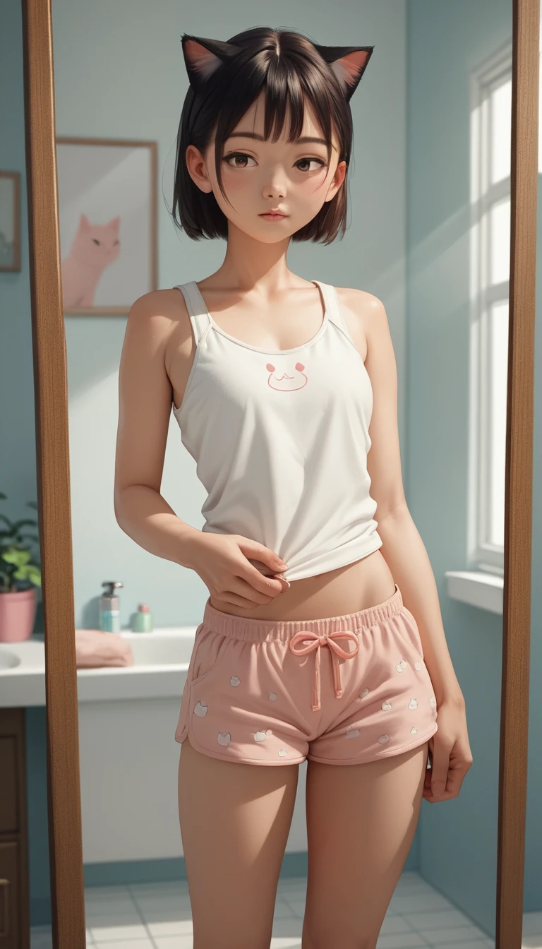 욕실 거울 앞에 서 있는 귀여운 애니메이션 소녀