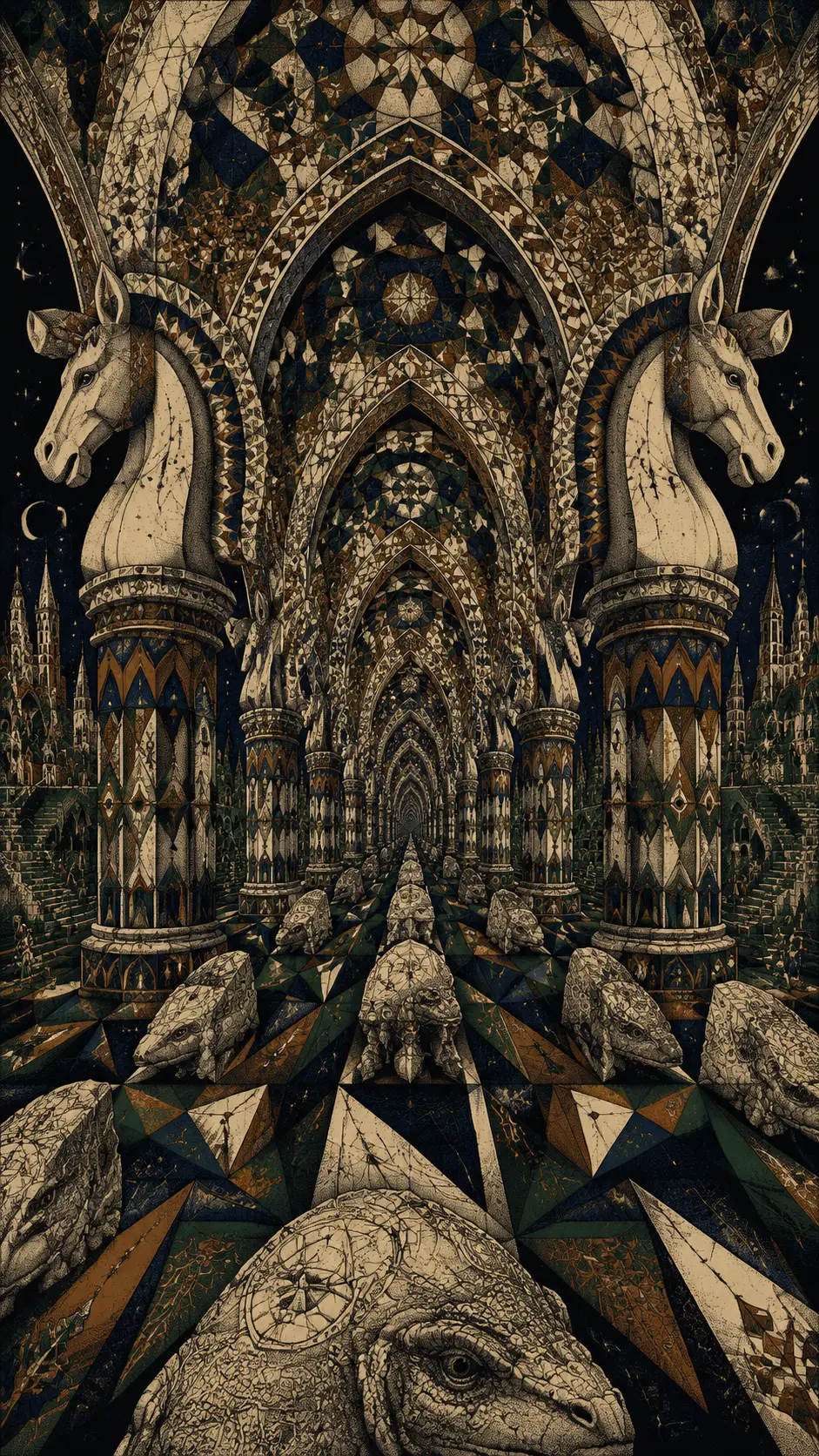 Catedral gótica surreal con interminables senderos triangulares de piedra