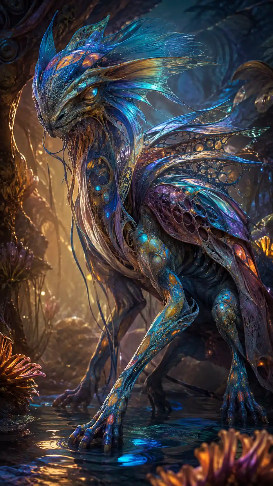 Criatura alienígena bioluminiscente en un mundo extraterrestre fantástico