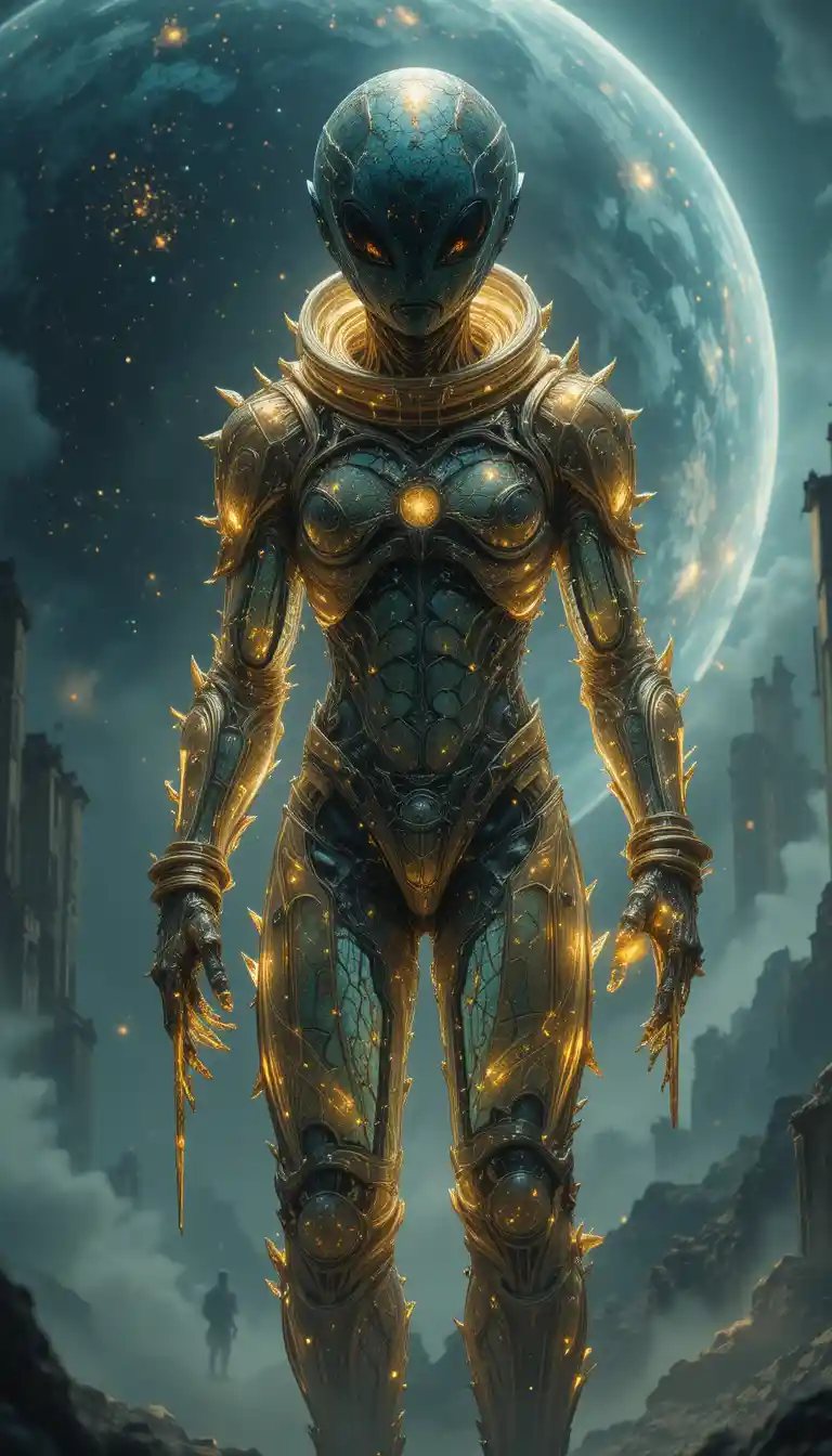Alien explorer holding a glowing astrolabe in void armor