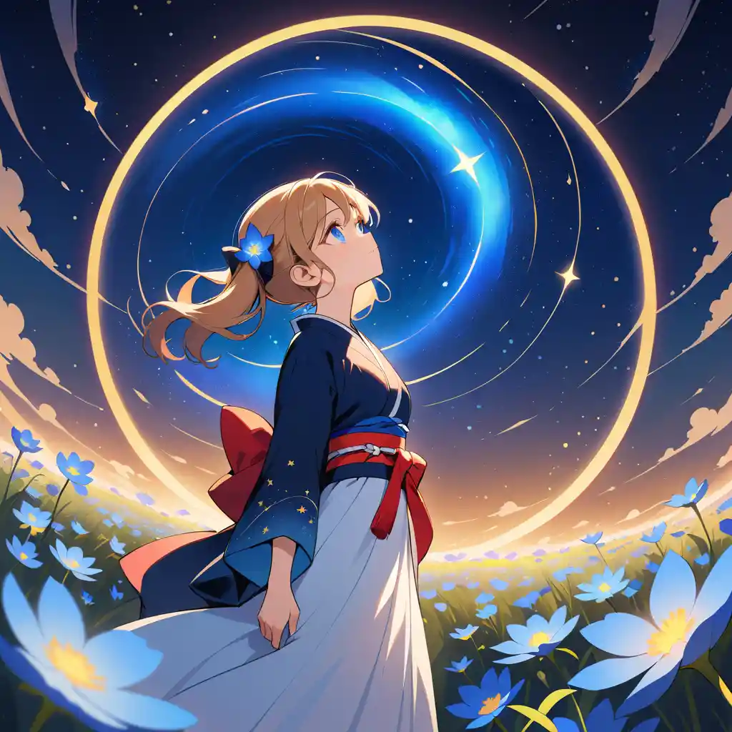Chica en campo de flores azules bajo un cielo estrellado en espiral