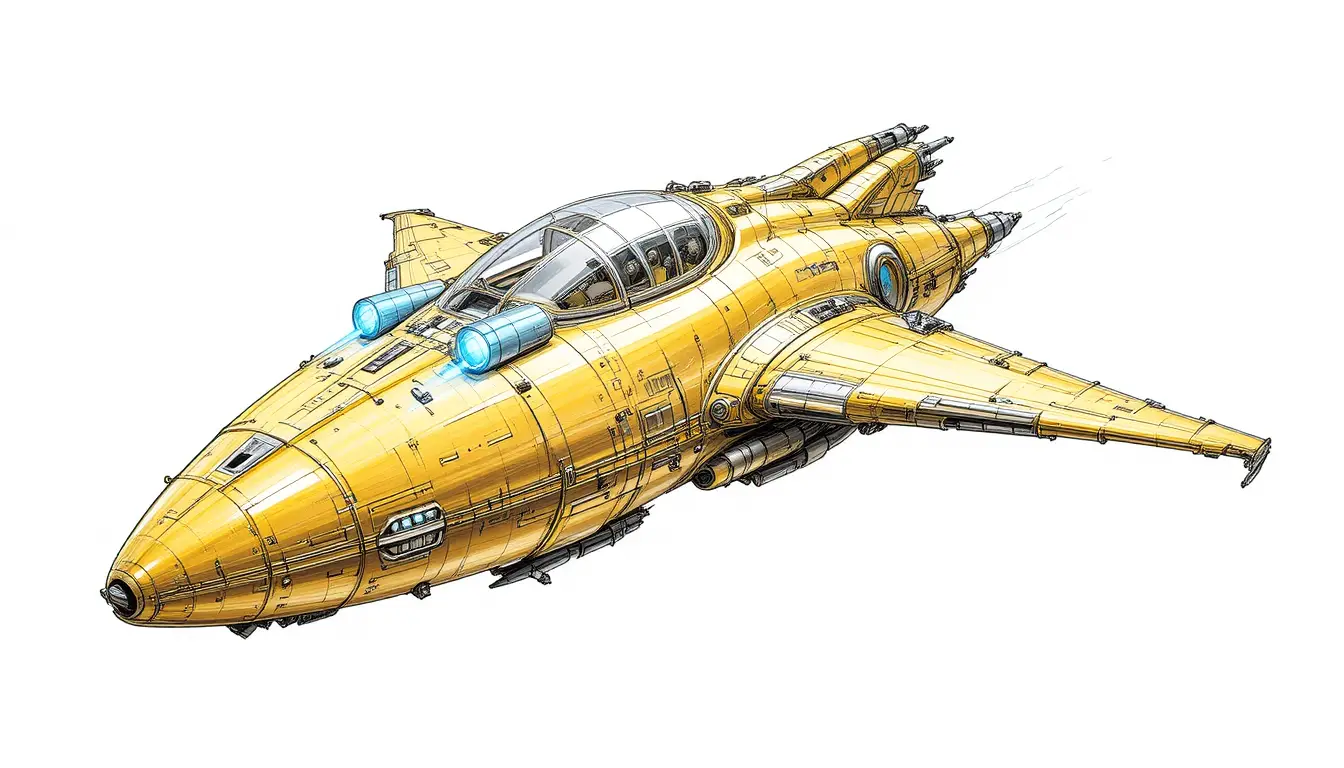 Golden sci fi spacecraft with glowing blue lights