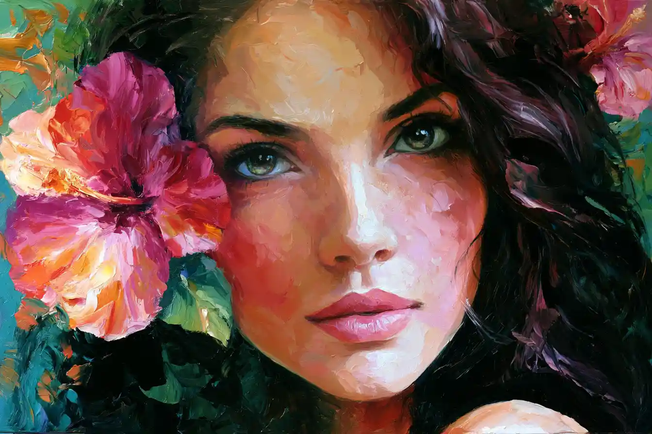Primer plano de rostro femenino con flor de hibisco en el cabello