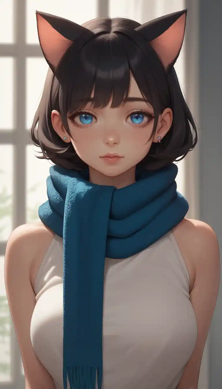 青い瞳とダークヘアのアニメ猫耳少女のクローズアップ