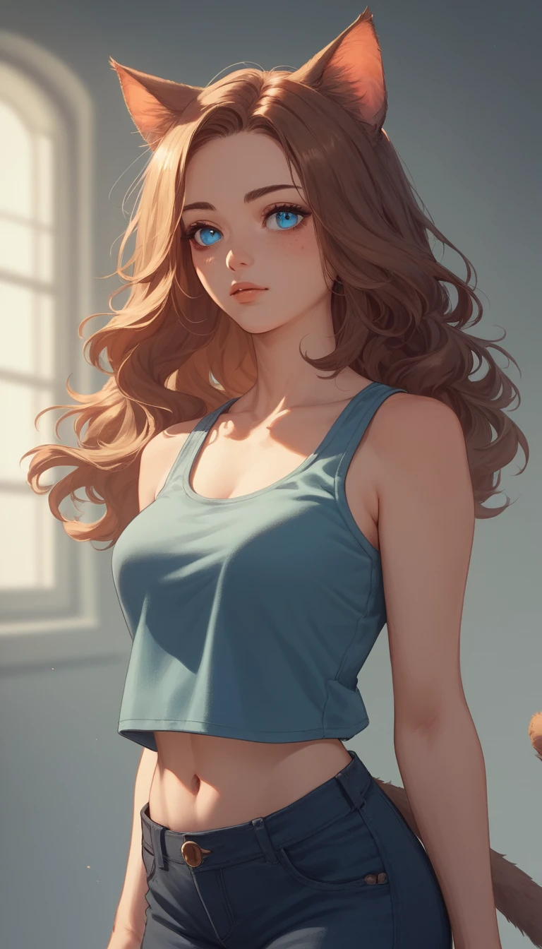 Retrato en primer plano de chica anime con orejas de gato y camiseta sin mangas