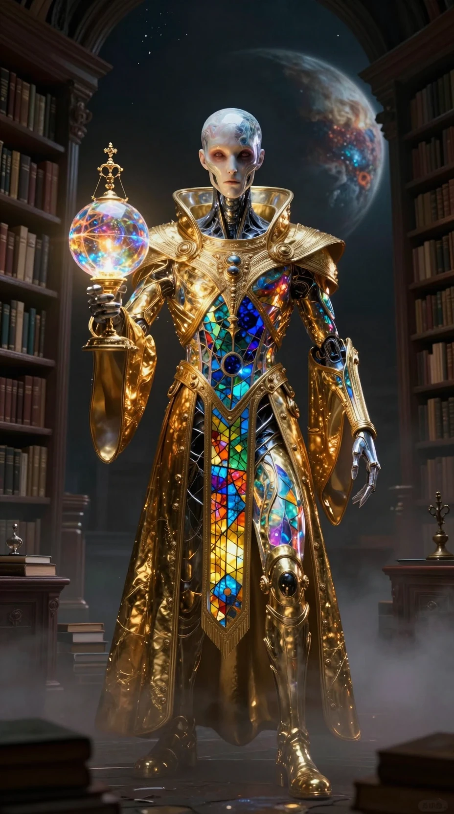 Retrato cinematográfico de cuerpo completo de un explorador alienígena de cristal