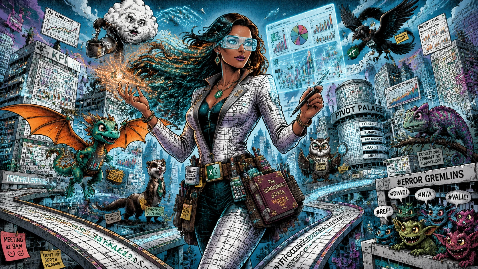 Hechicera de datos sobre una ciudad surrealista de hojas de cálculo vivas