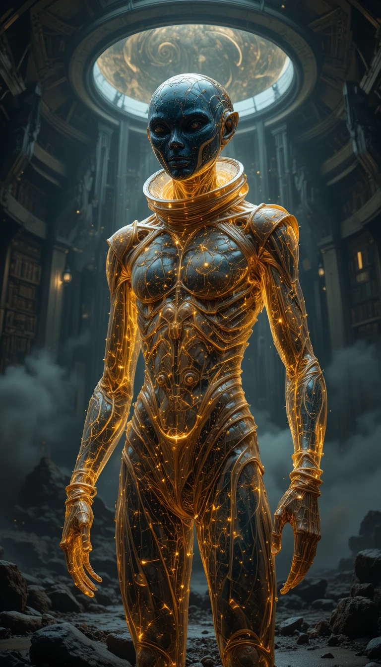 Alien emissary holding a glowing astrolabe in cosmic ruins
