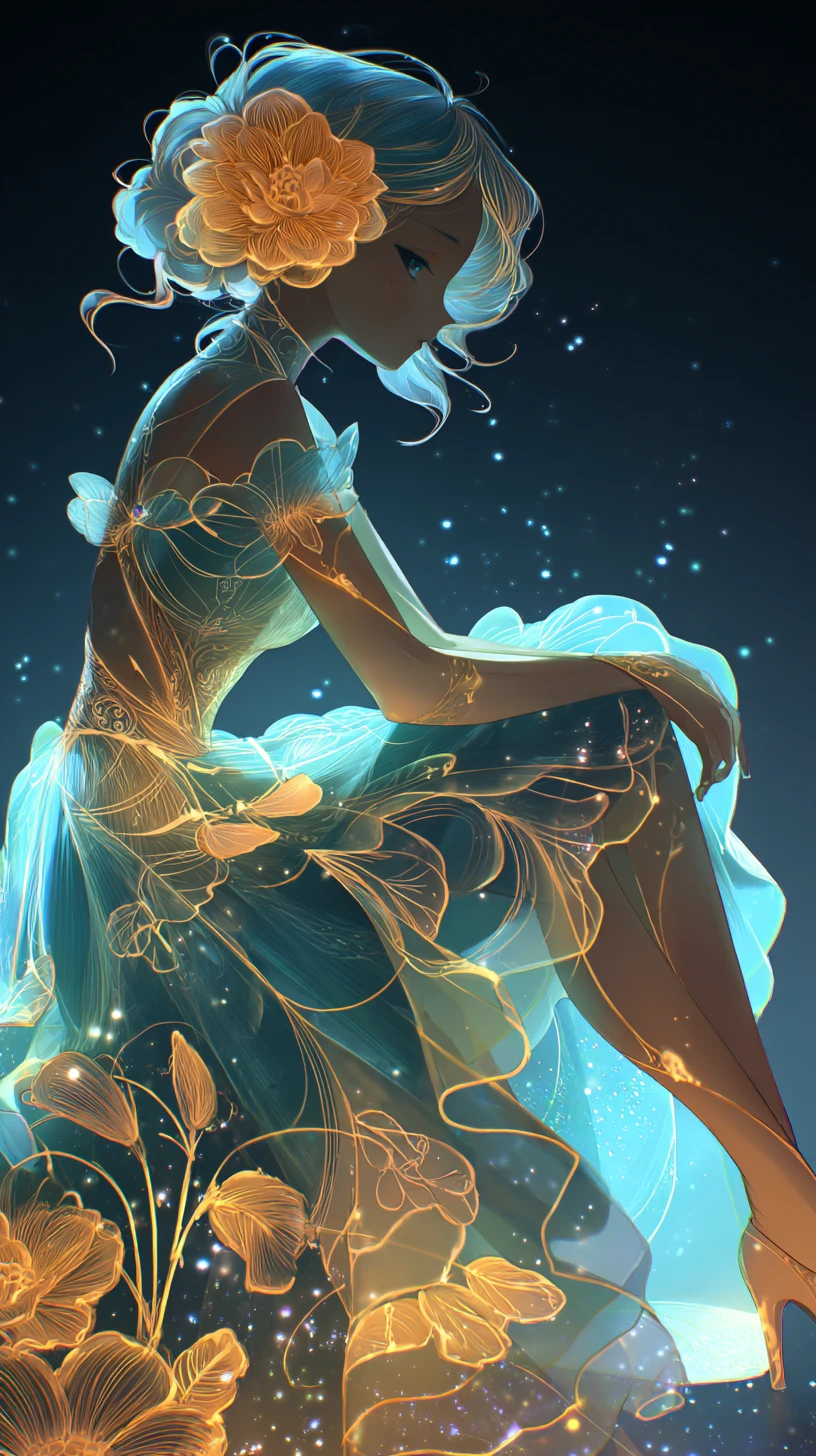 Chica de anime con vestido floral brillante y luz de ensueño