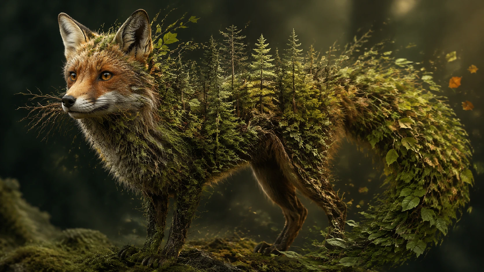 Zorro surreal que se transforma sin fisuras en un bosque vivo