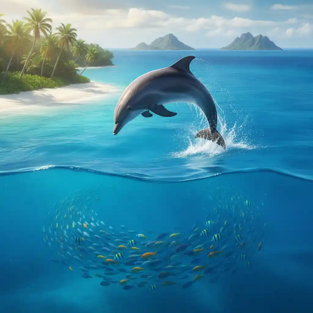 Delfín saltando desde las claras aguas azules de un océano tropical