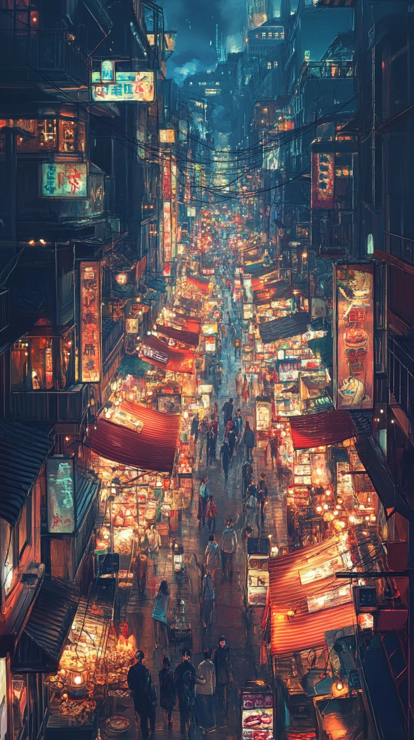 Calle bulliciosa de mercado nocturno en una colorida ciudad de fantasía