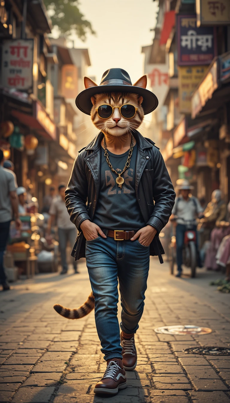 Gato callejero antropomórfico y elegante en un animado mercado de Delhi