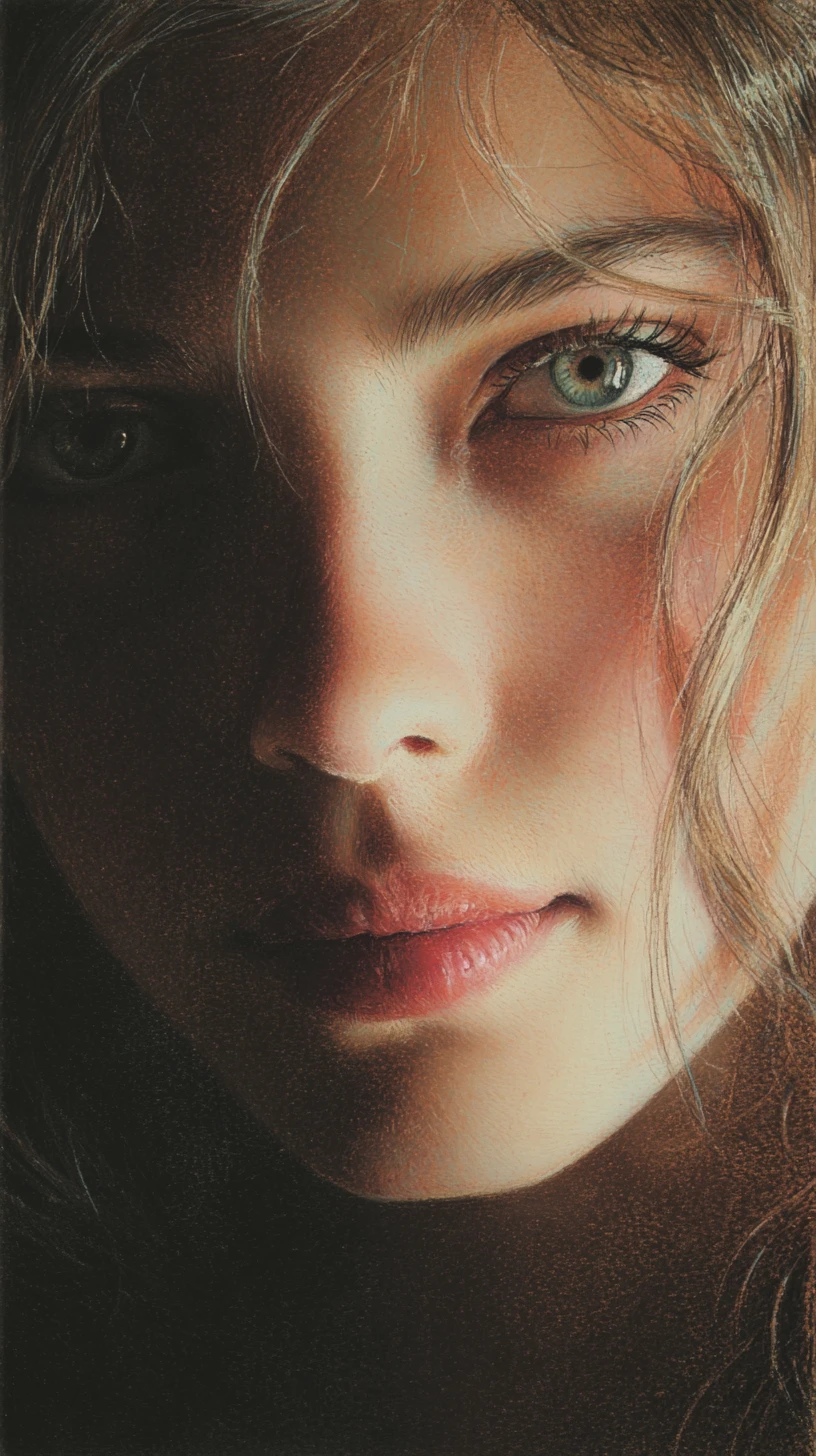 Retrato sereno en tonos pastel de una chica con ojos expresivos