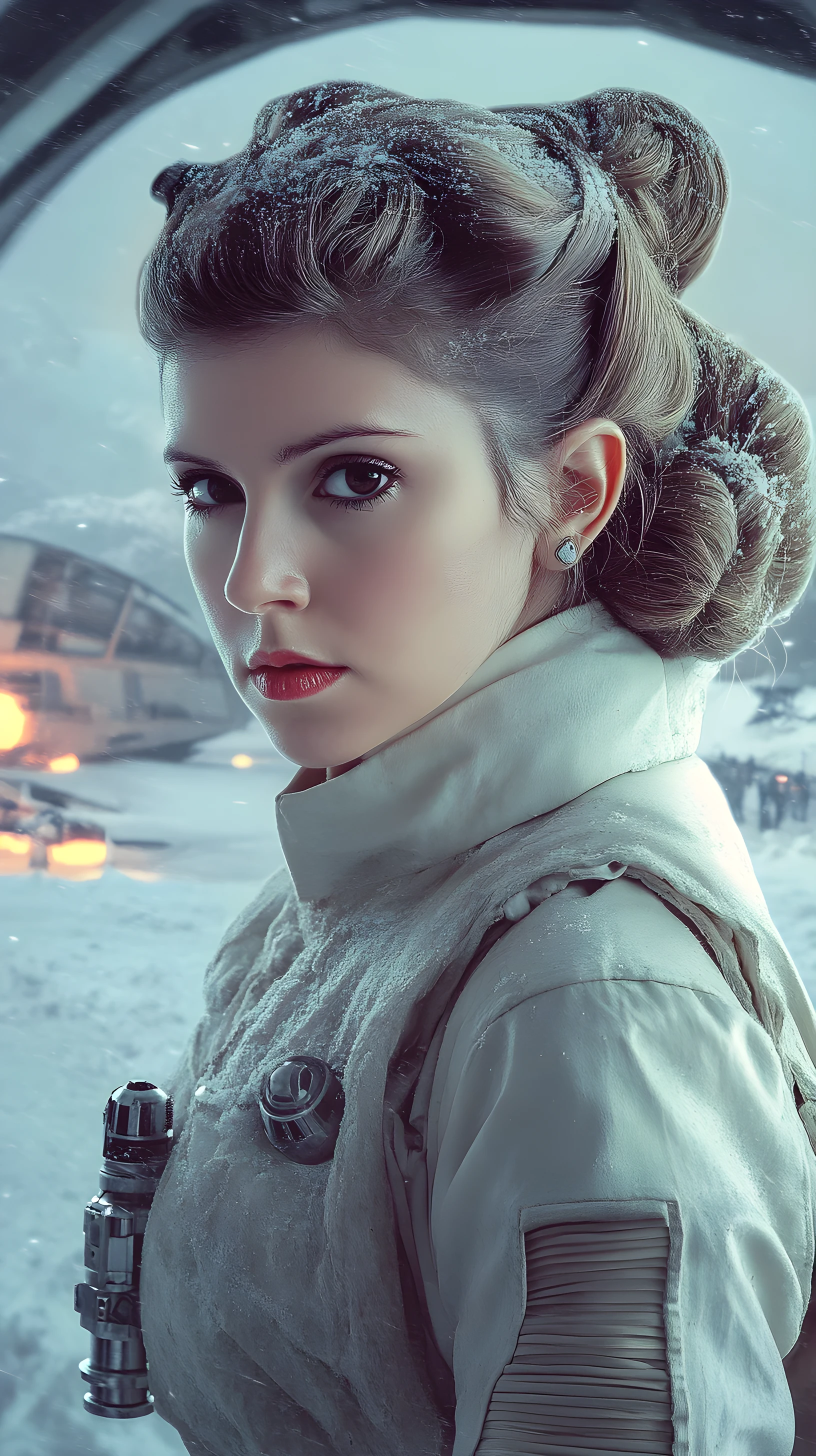 Heroic woman in Hoth style outfit before icy blast doors