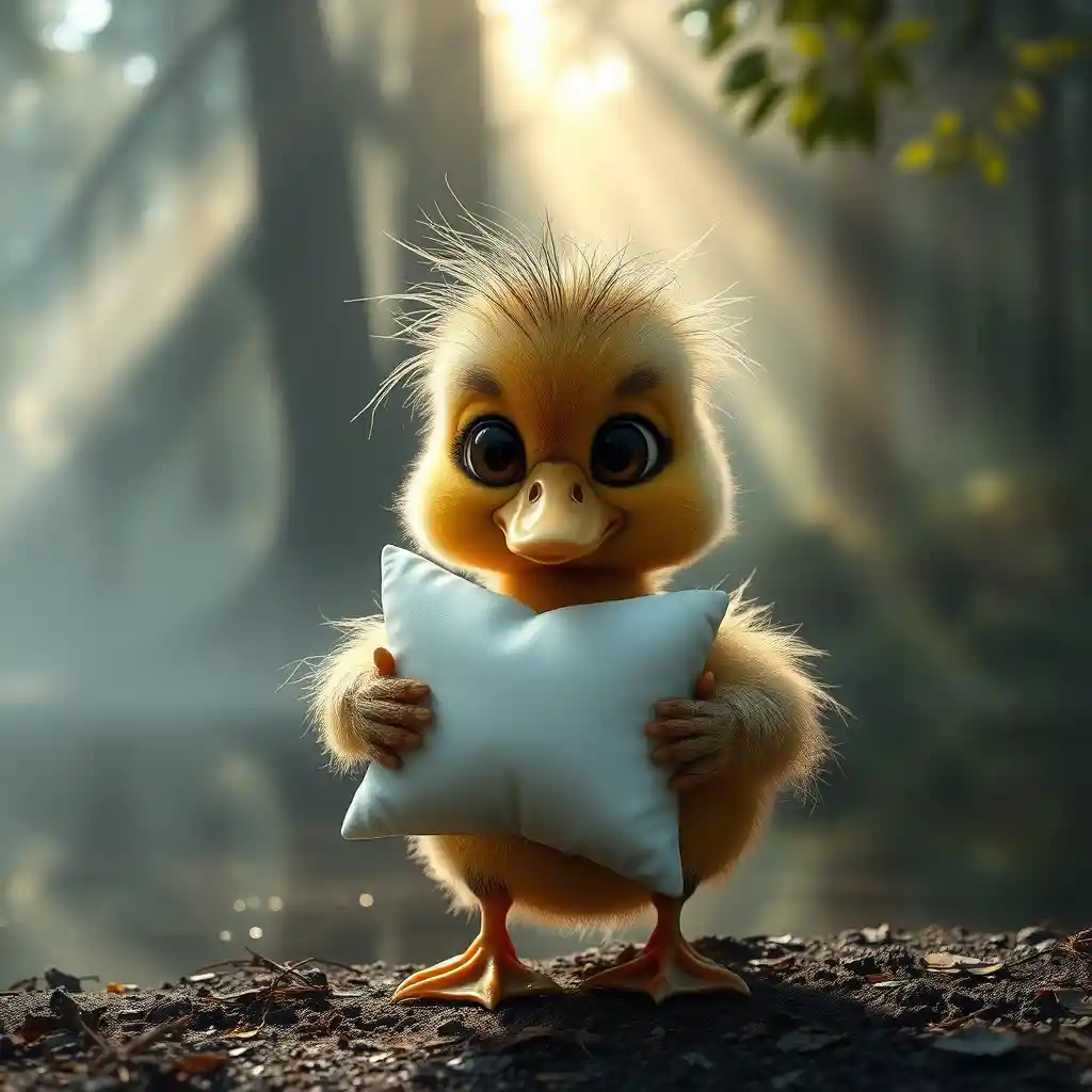 Sleepy duckling hugging a pillow by a misty pond
