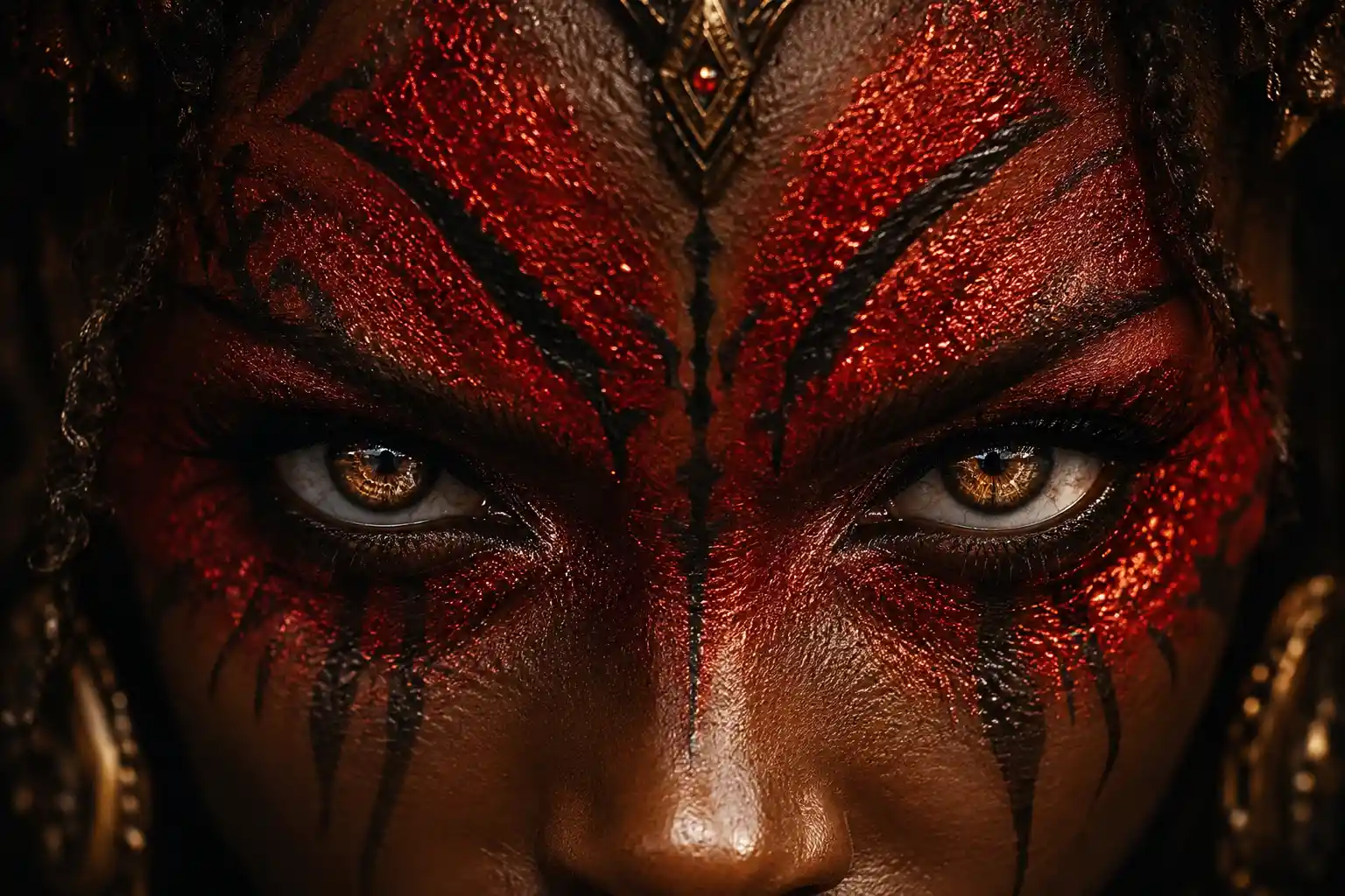 Intensive Nahaufnahme gemalter, bernsteinfarbener Augen im Fantasy-Stil
