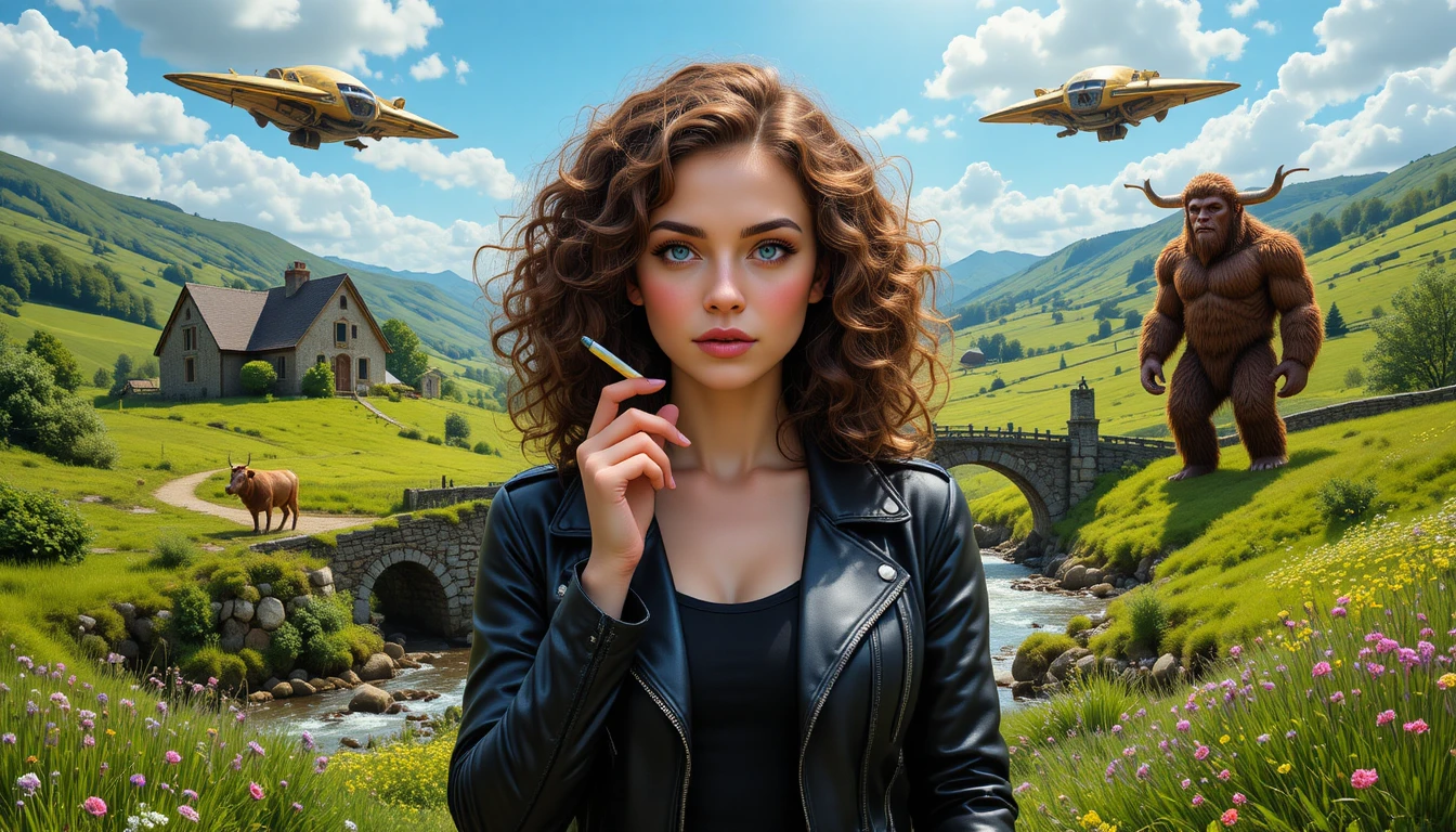 Woman with cigarette in surreal rural fantasy valley