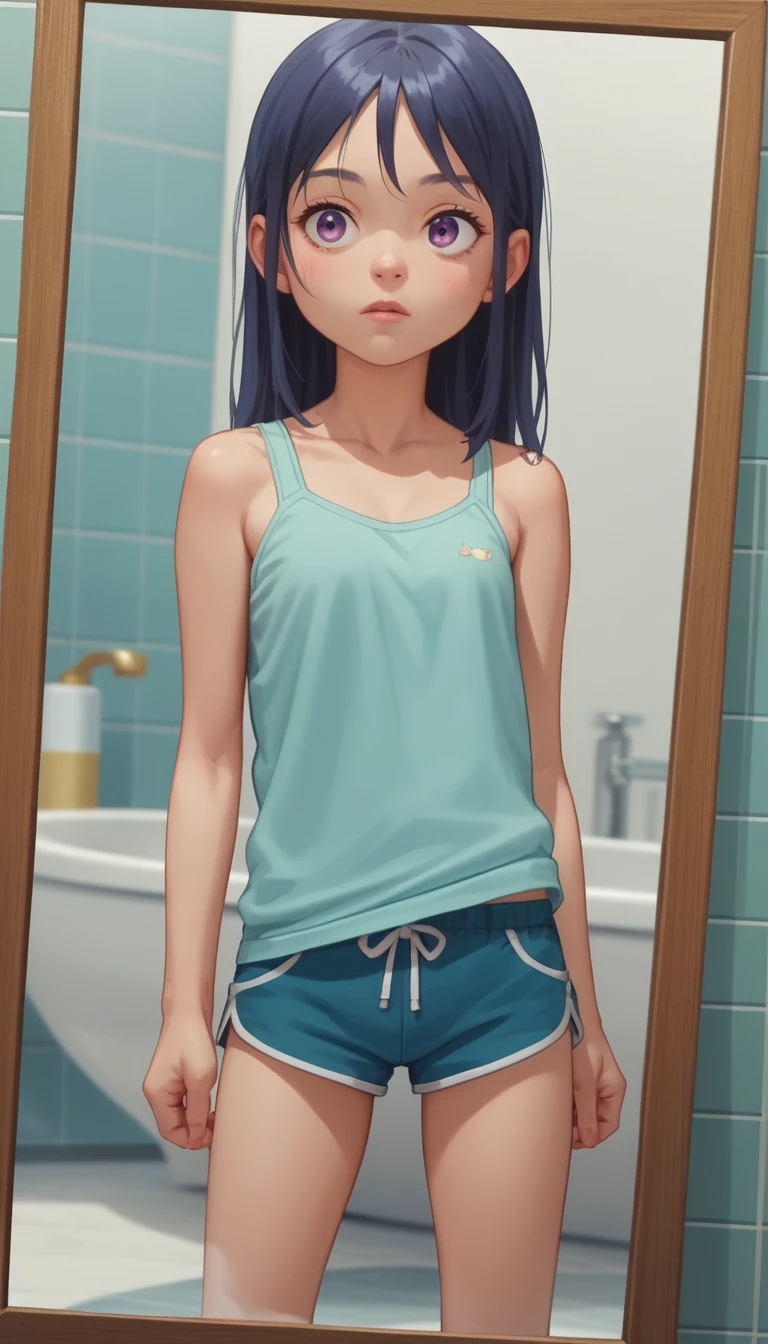 バスルームの鏡で自分を見つめるかわいい女の子